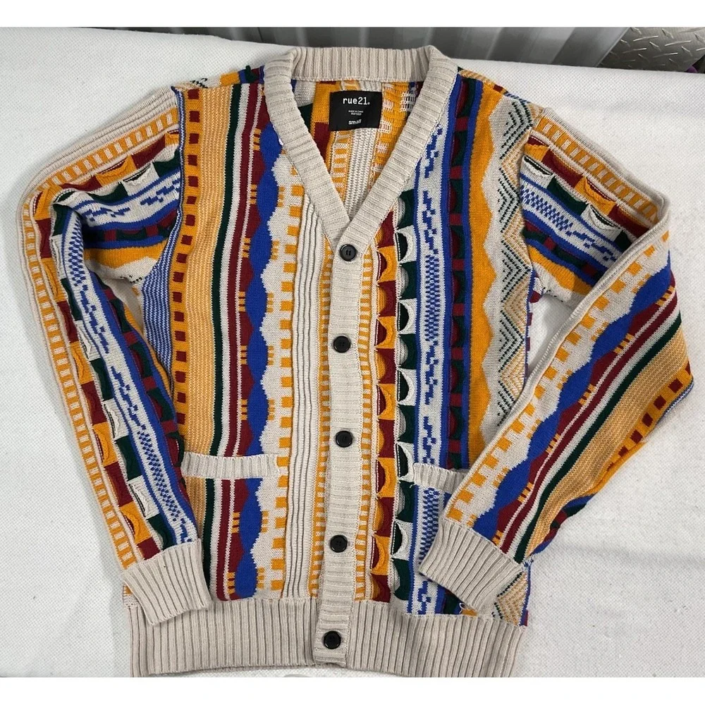 Grandpa 3D Knit Patterned Cardigan SM Colorful Stripe Indie Boho Artsy‎ Textured